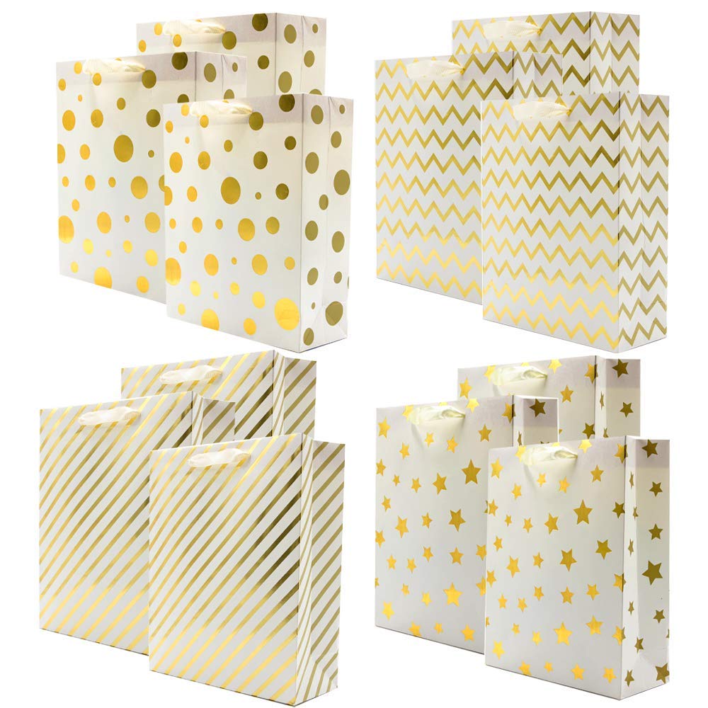 UNIQOOO 12PCS Metallic Gold Christmas Gift Bags Bulk with Handle