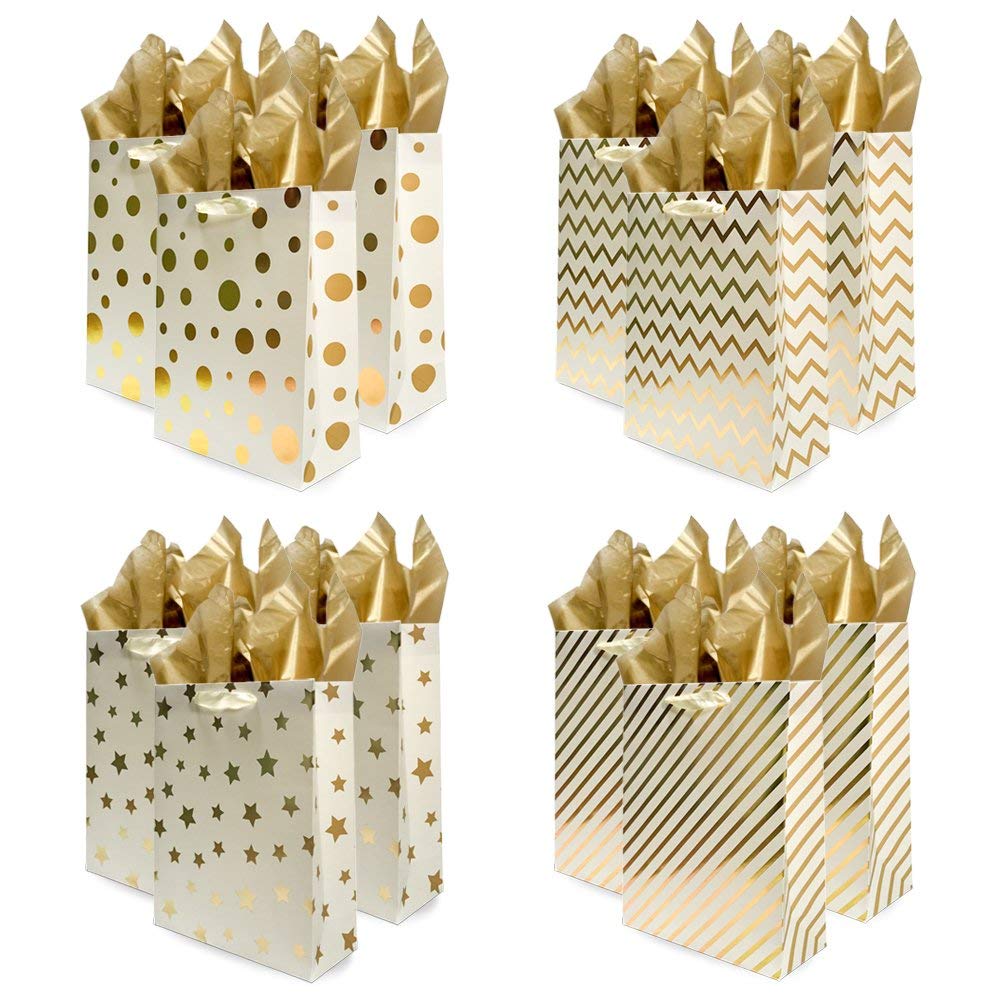 uniqooo-12pcs-premium-assorted-gold-metallic-foil-gift-bags-tissues