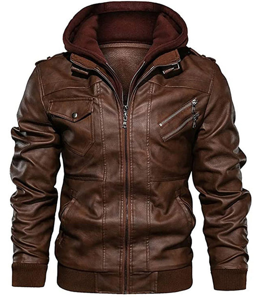 Men Detachable Hooded Motorcycle Leather Jacket