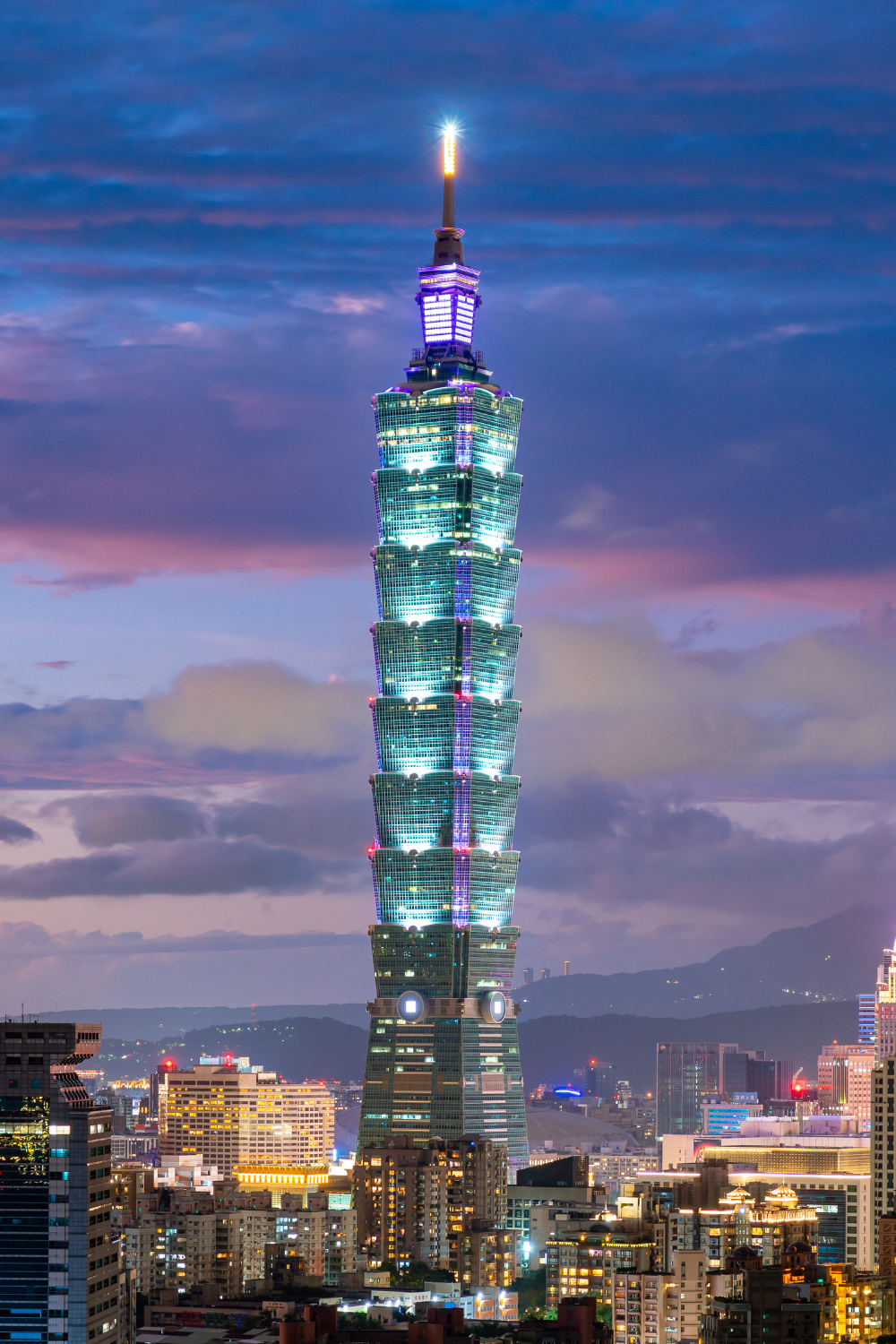 Tower in Taipei, Taiwan light up at dusk
