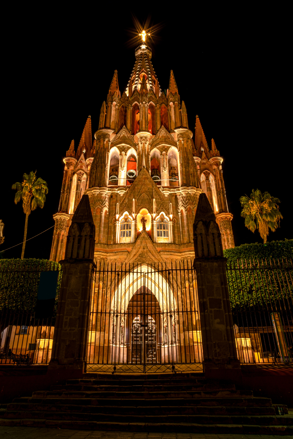 Old church at night lit up in San Miguel de Allende Mexico
