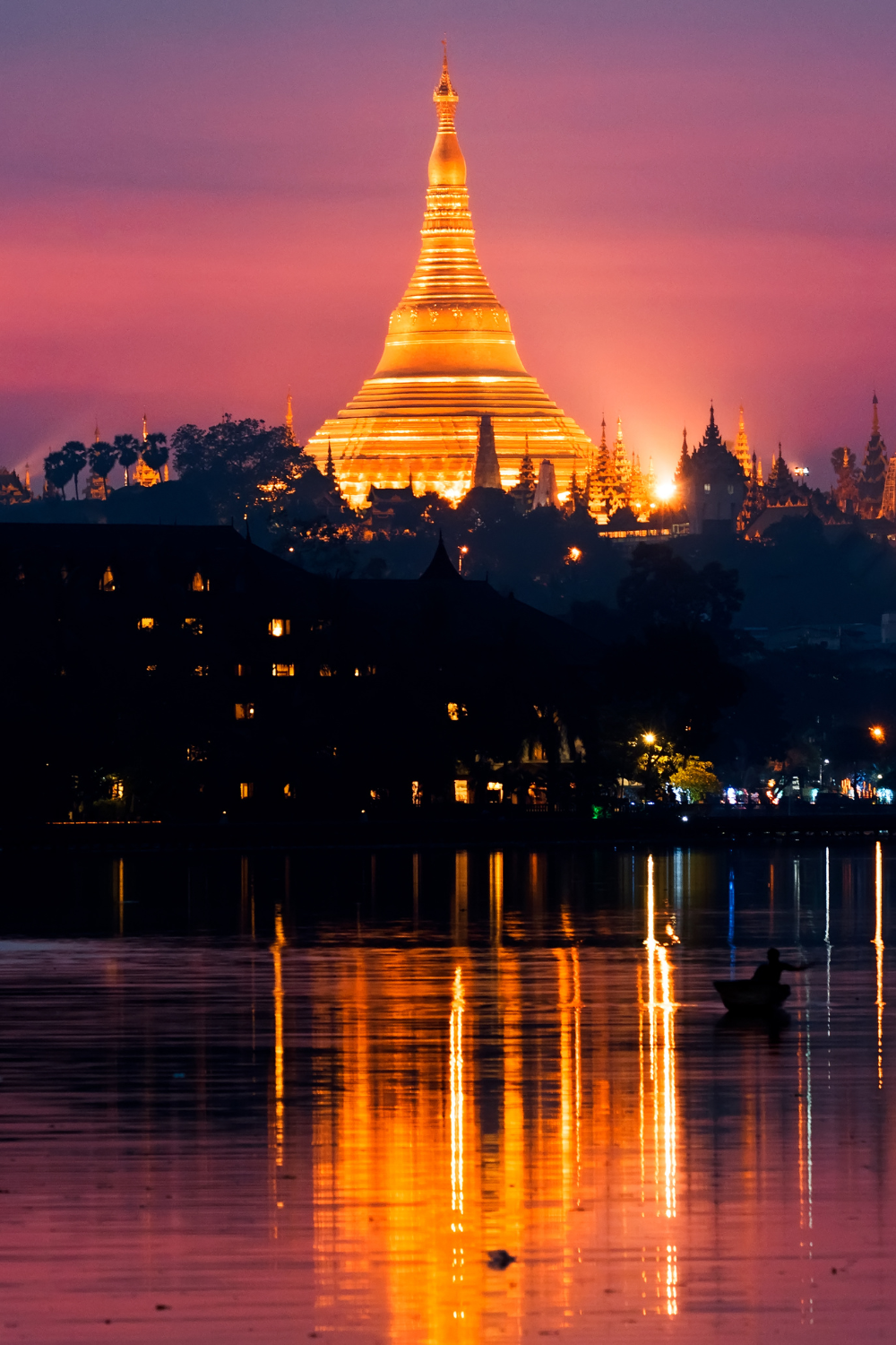 Temple at night lit up in Yangon, Myanmar