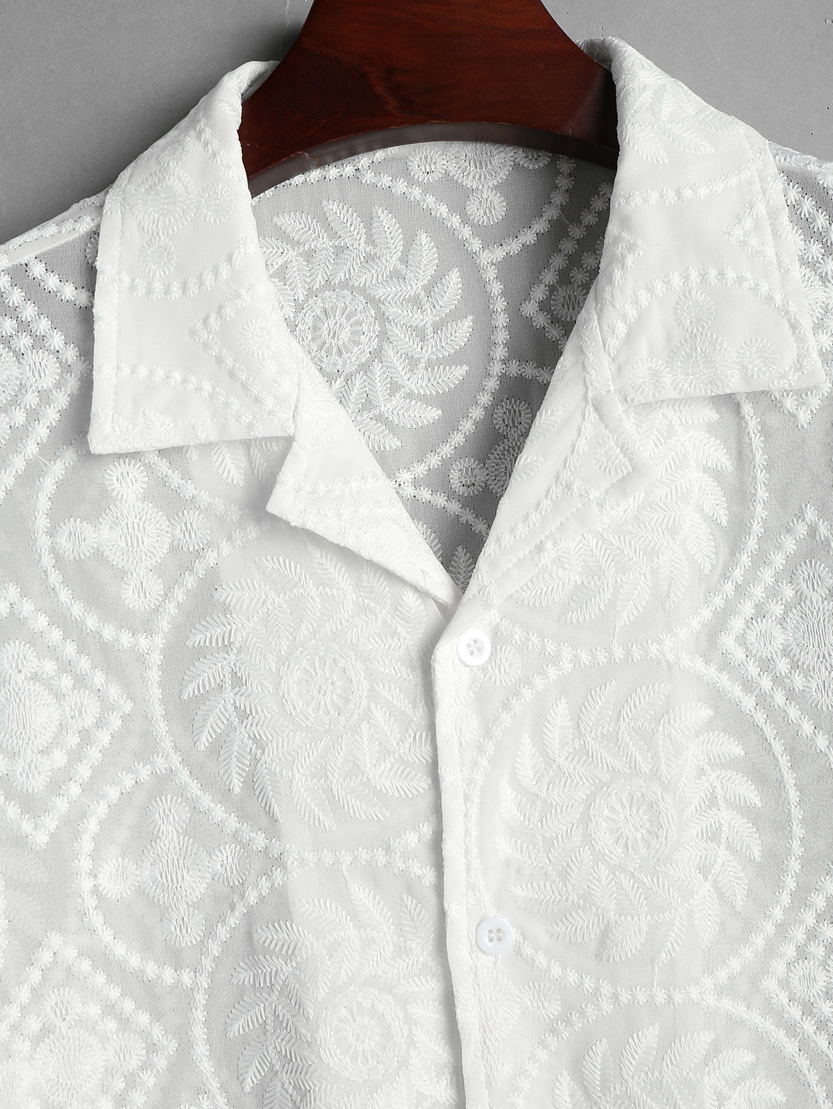 Mens See-through Sheer Openwork Flower Jacquard Shirt