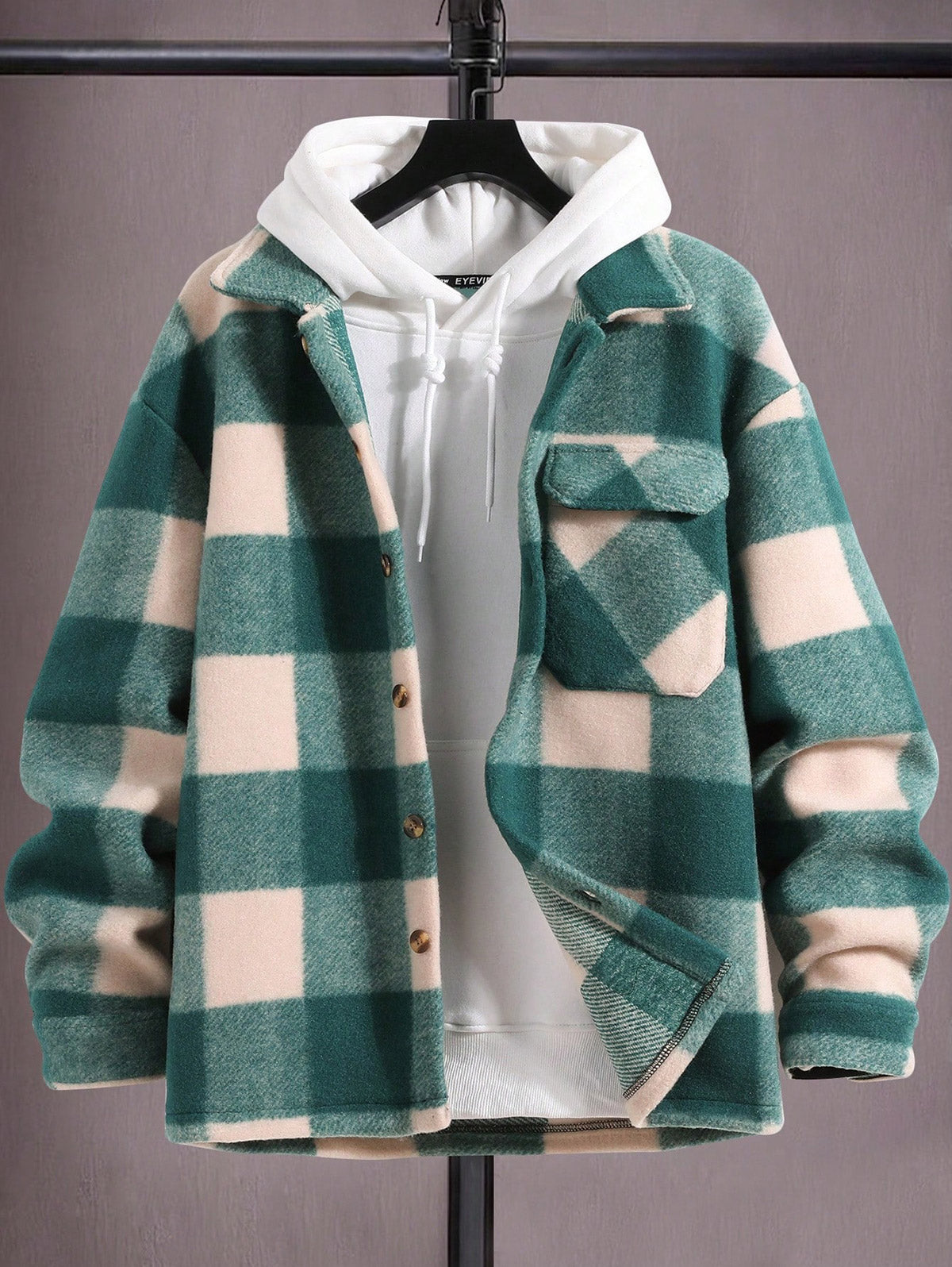 Men's Checked Plaid Colorblock Pocket Design Woolen Turn Down Collar Coat