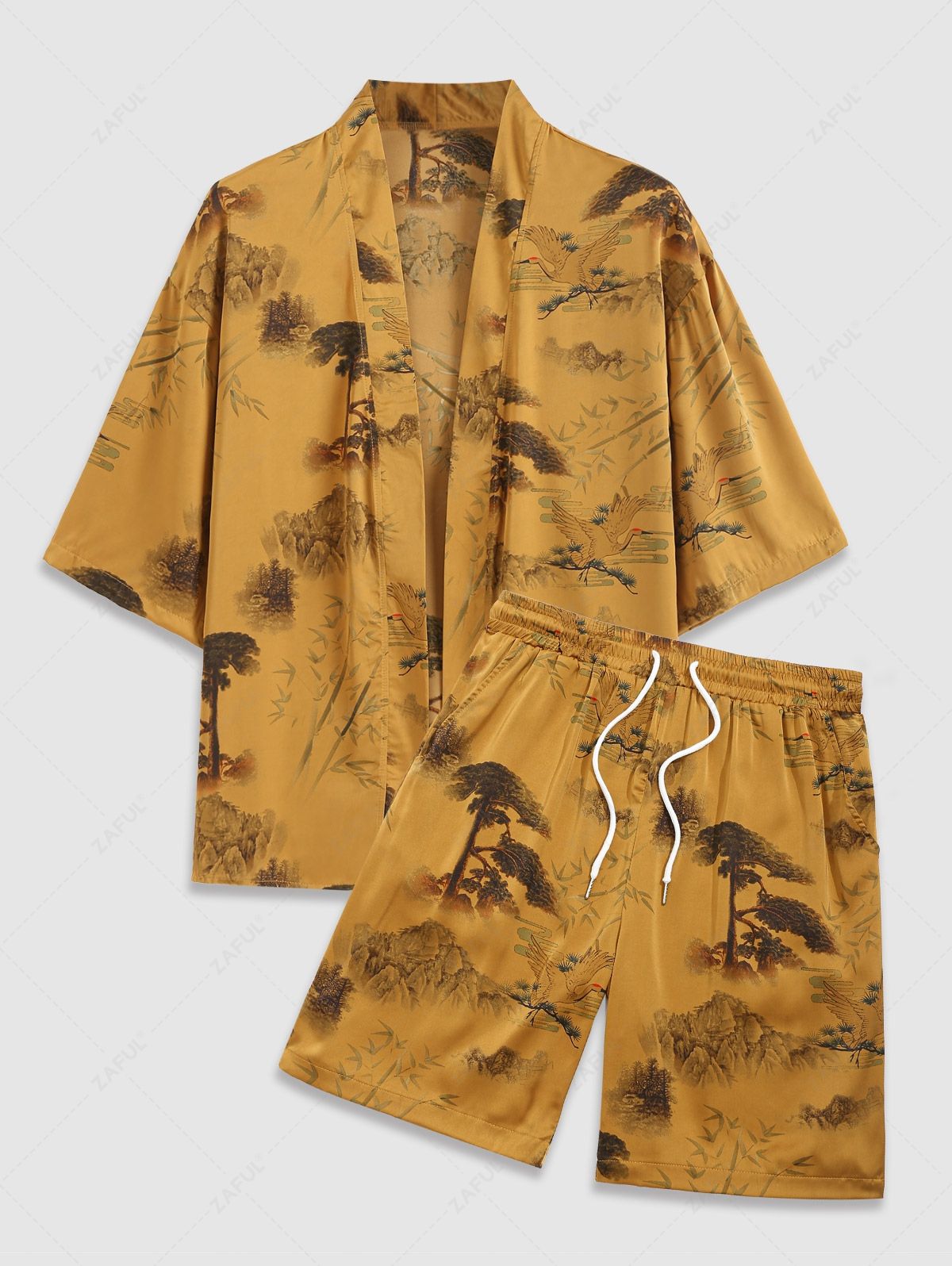 Men's Matching Two Piece Chinese Style Silky Satin Crane Plant Tree Open Front Kimono and Shorts Set