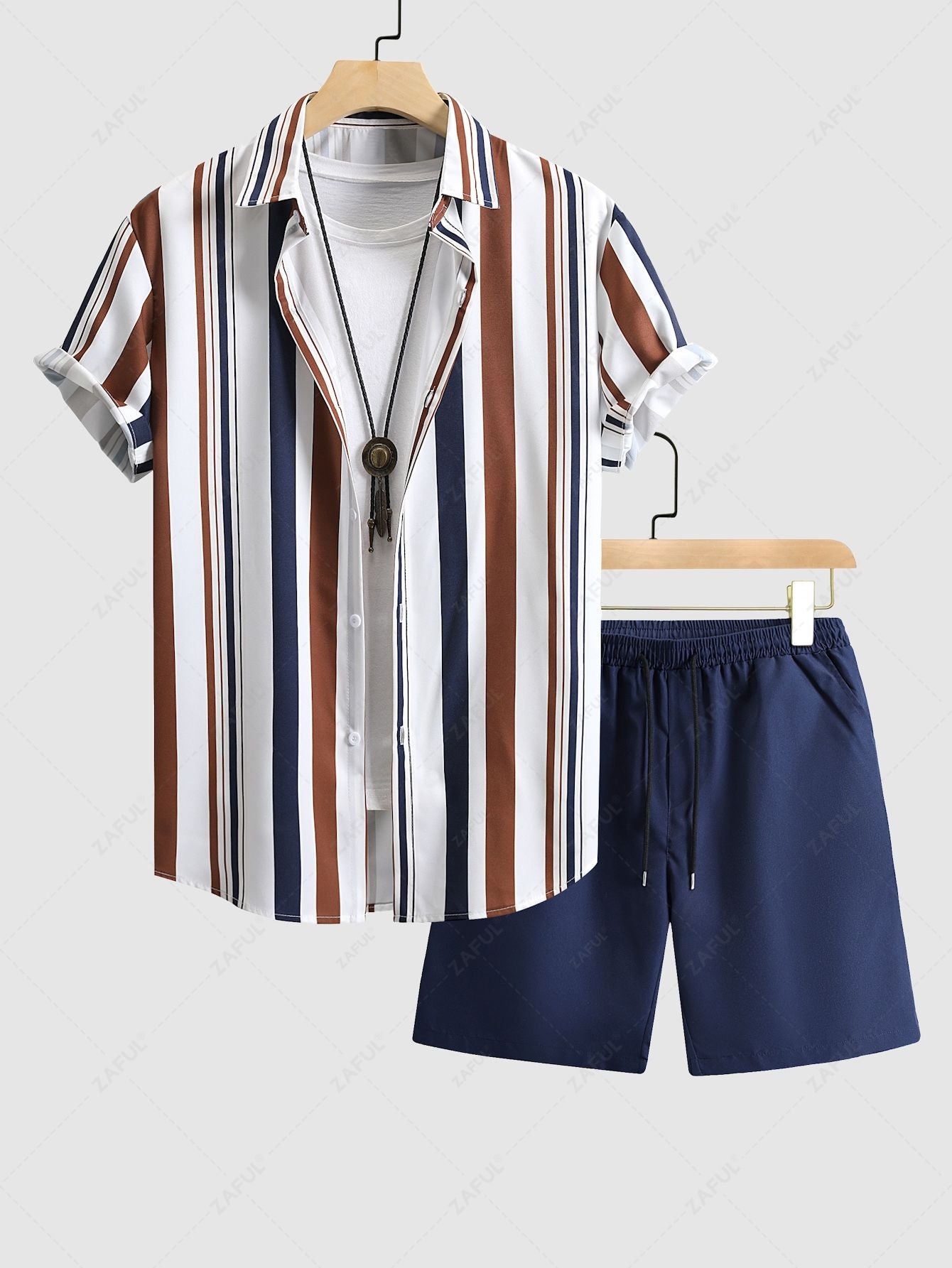 Men's Vertical Stripes Button Up Short Sleeves Shirt and Drawstring Casual Shorts Set