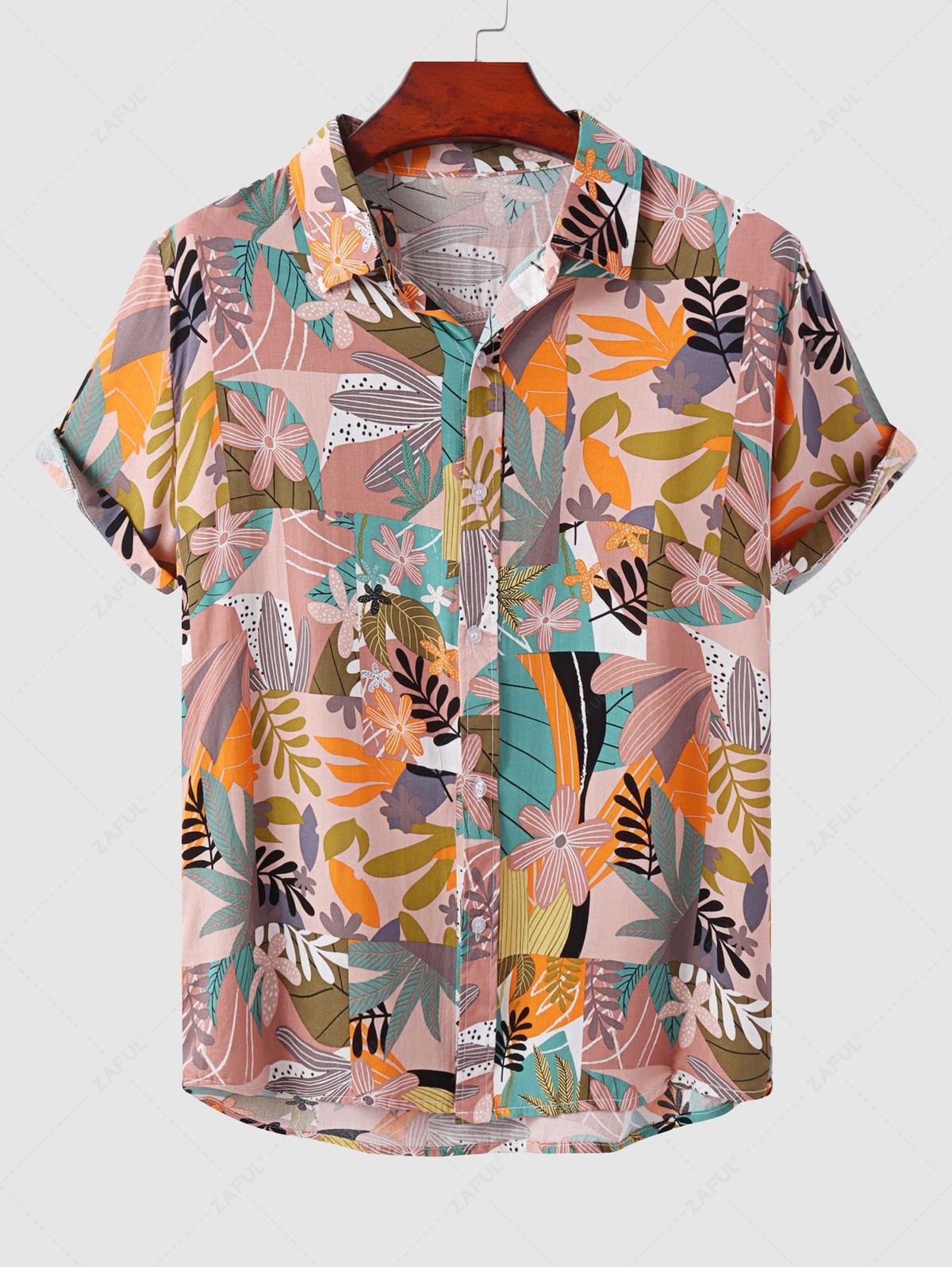 Men's Plant Leaves Print Button Up Short Sleeves Vacation Shirt