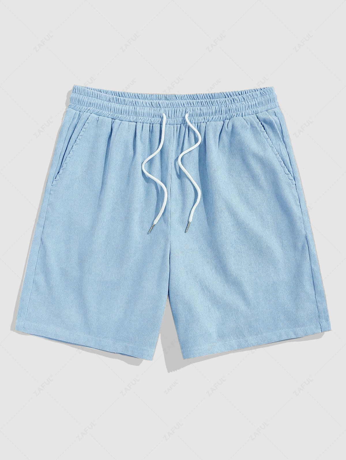 Drawstring Pocket Plain Corduroy Textured Shorts