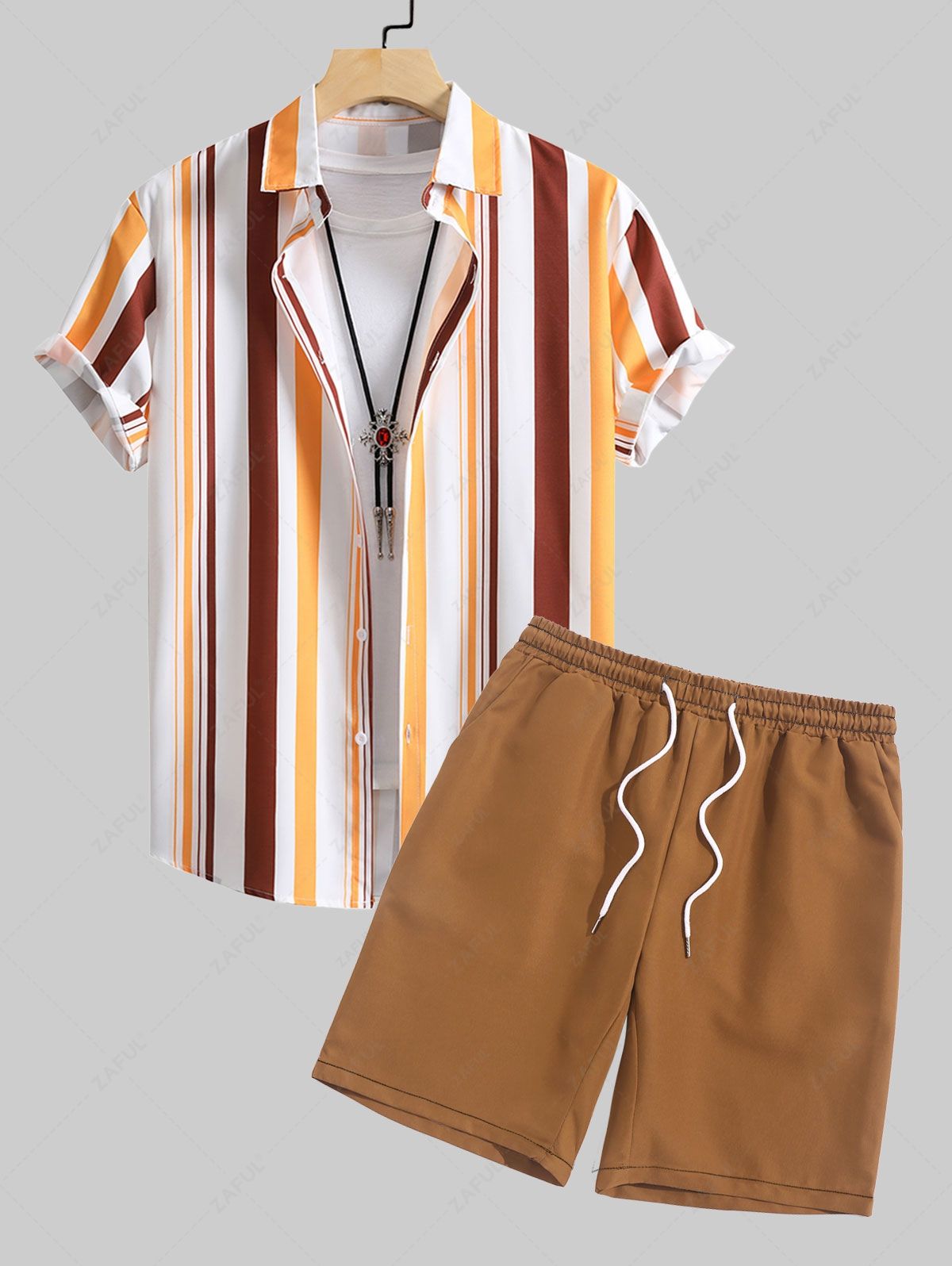 Men's Colorful Vertical Stripes Button Up Short Sleeves Shirt and Drawstring Casual Shorts Set