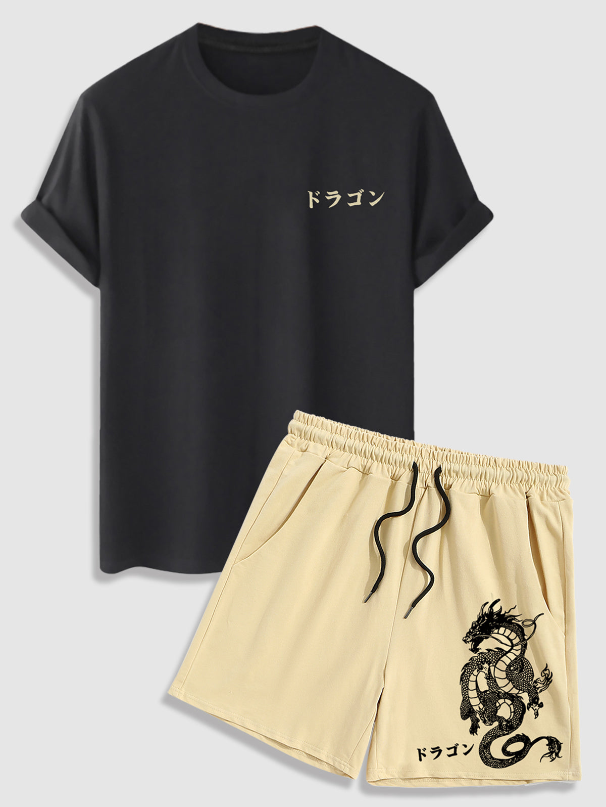 Men's Japanese Printed Short Sleeves T-shirt and Oriental Dragon Printed Drawstring Casual Shorts Set