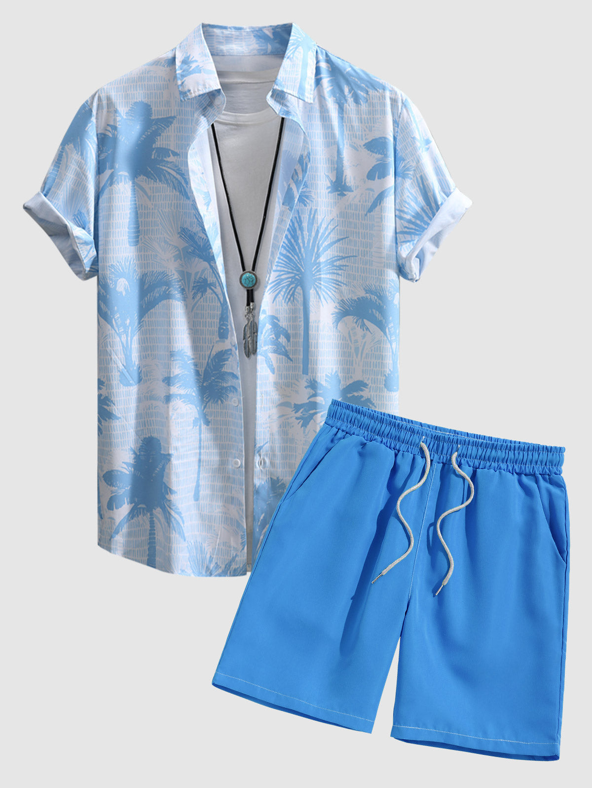 Men's Tropical Palm Tree Printed Button Up Vacation Short Sleeves Shirt and Drawstring Casual Shorts Set