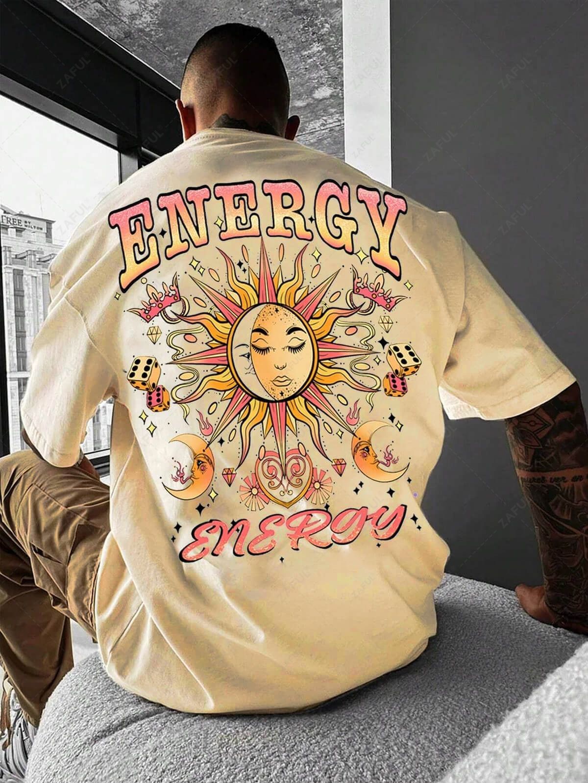 Men's ENERGY Letter Sun Moon Graphic Printed Short Sleeves T-shirt