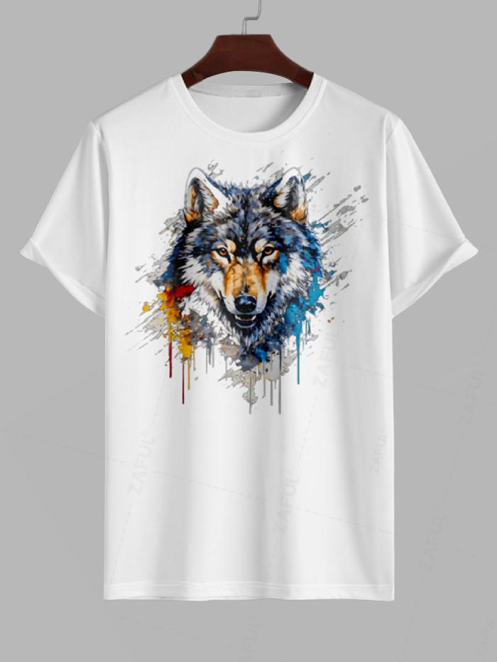 Men's Wolf Head Painting Splatter Graphic Short Sleeves T-shirt