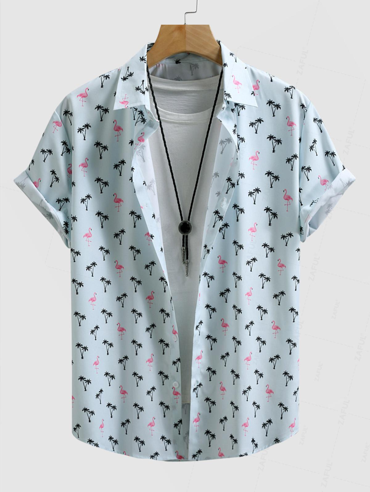 Men's Casual Palm Tree Crane Printed Button Short Sleeves Shirt