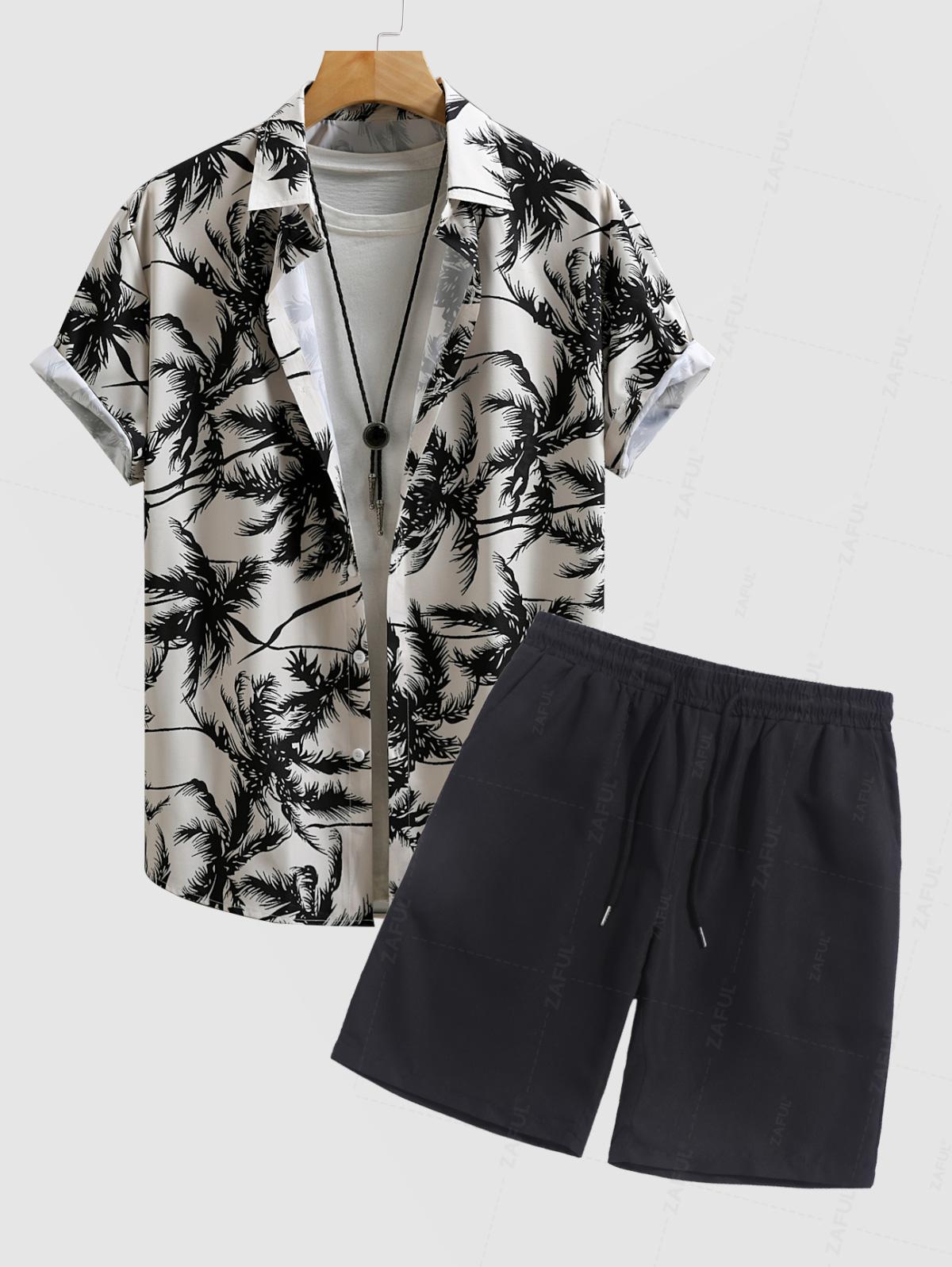 Men's Coconut Palm Tree Printed Short Sleeves Shirt And Casual Drawstring Shorts Set