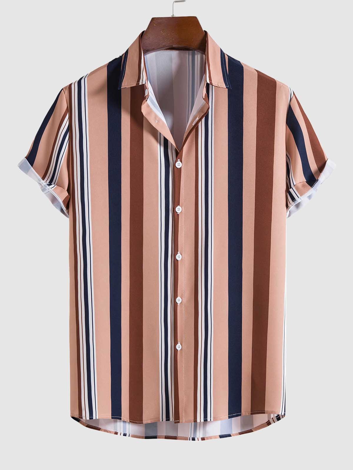 Mens Vertical Mixed Stripes Button Up Casual Shirt