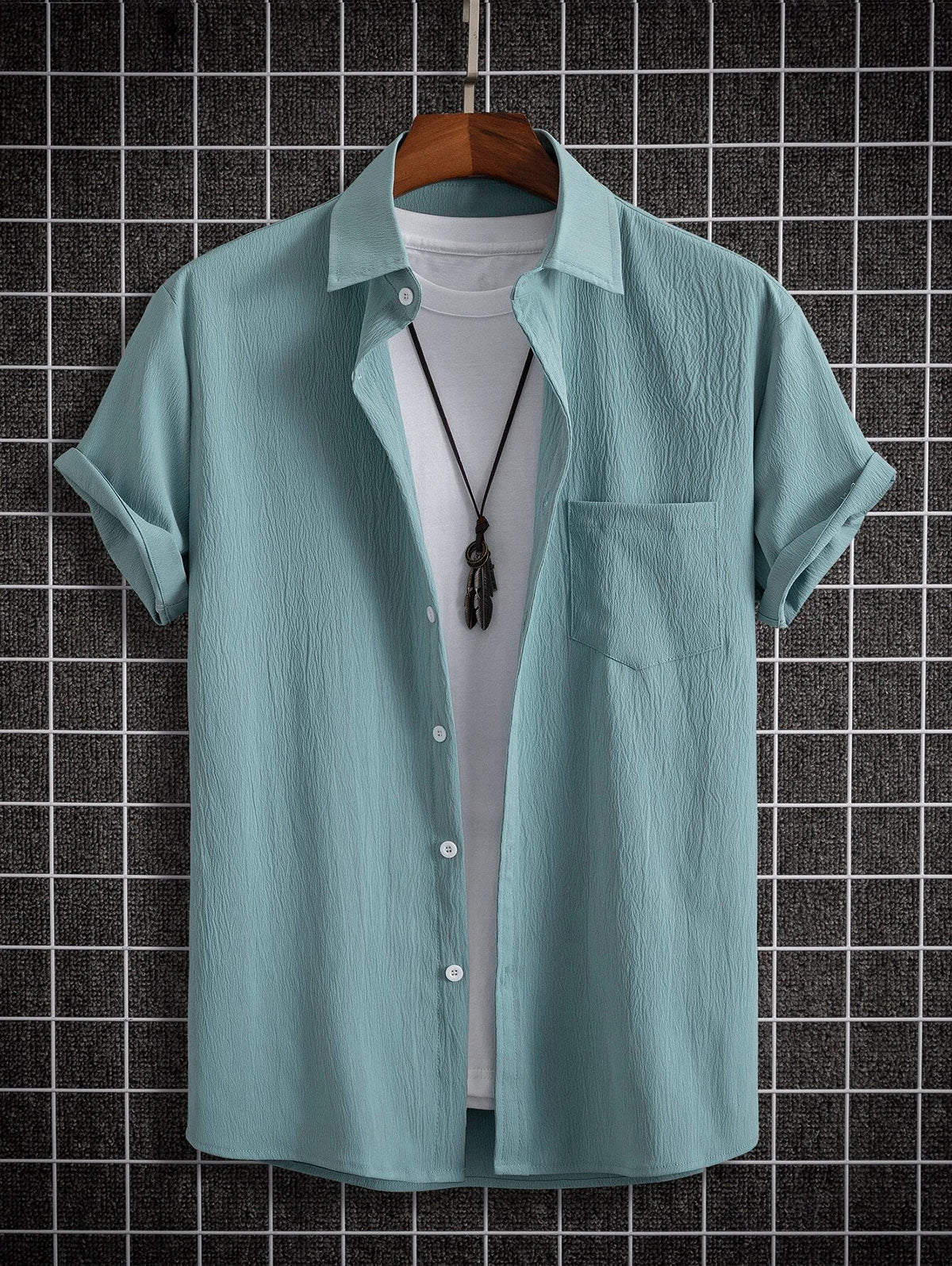 Mens Solid Color Textured Short Sleeves Shirt