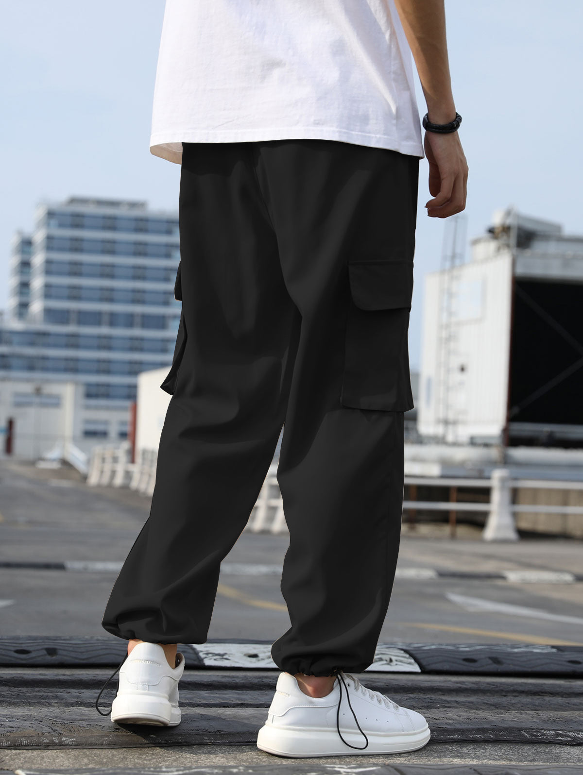 Mens Flap Pockets Drawstring Ankle Cargo Pants