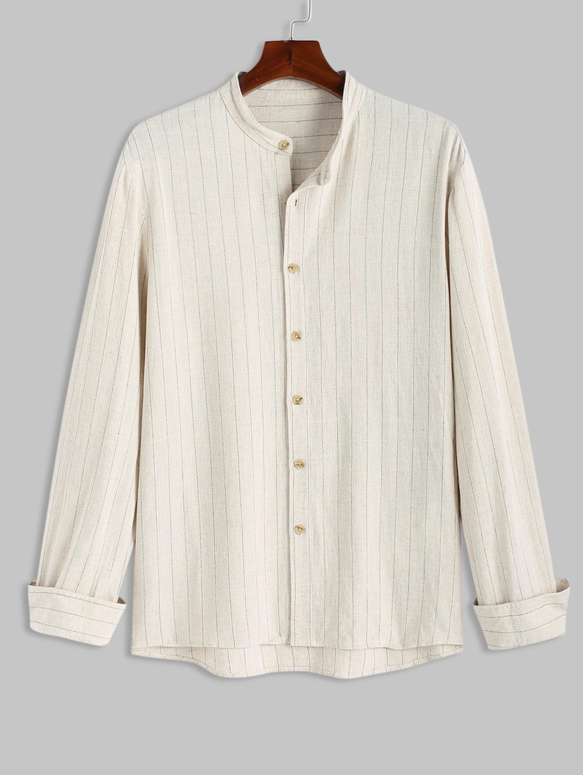 Men's Daily Casual Linen Textured Pinstriped Stand Collar Long Sleeve Button Up Shirt