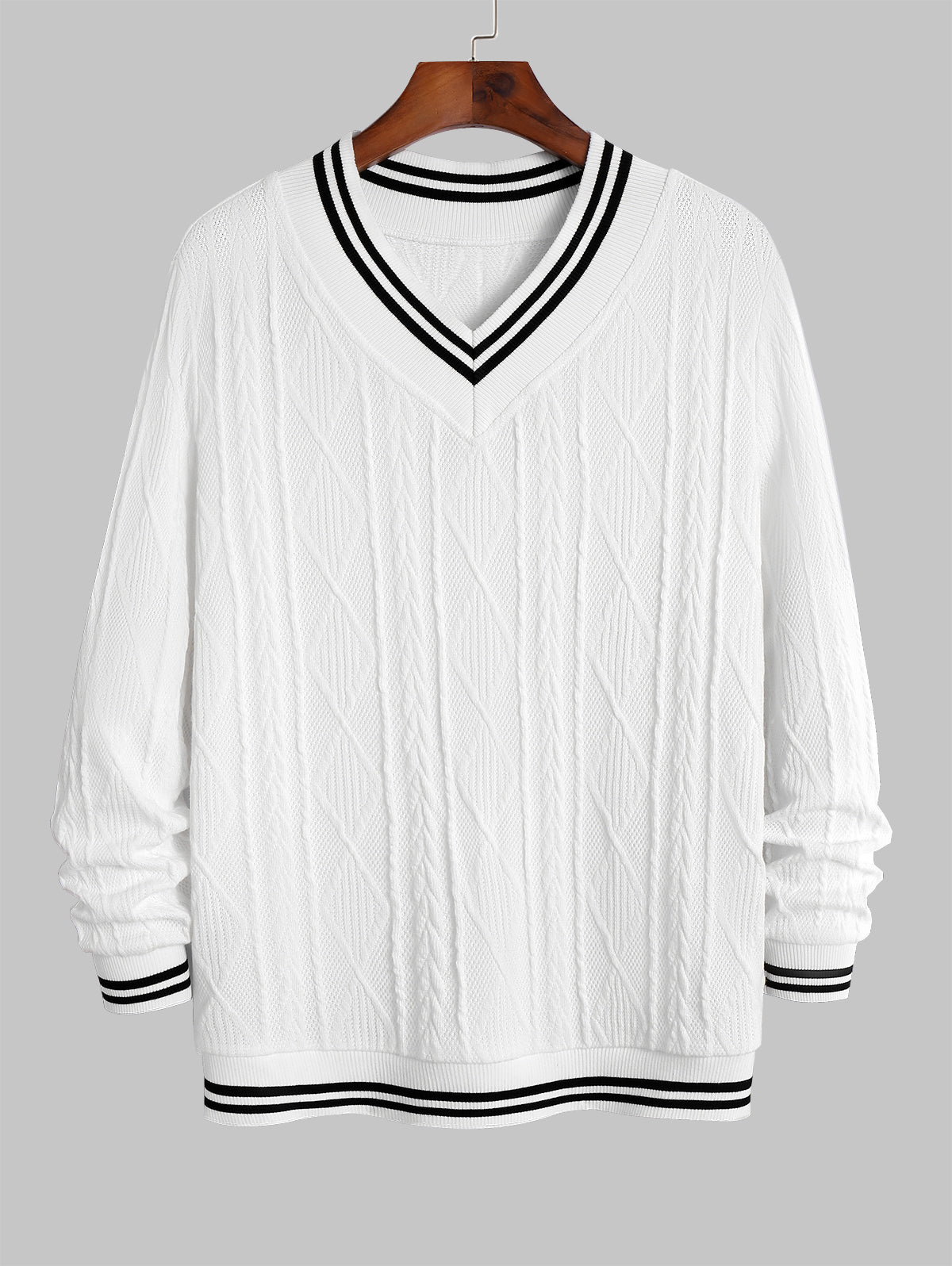 Men's V Neck Striped Geometric Cricket Sweater