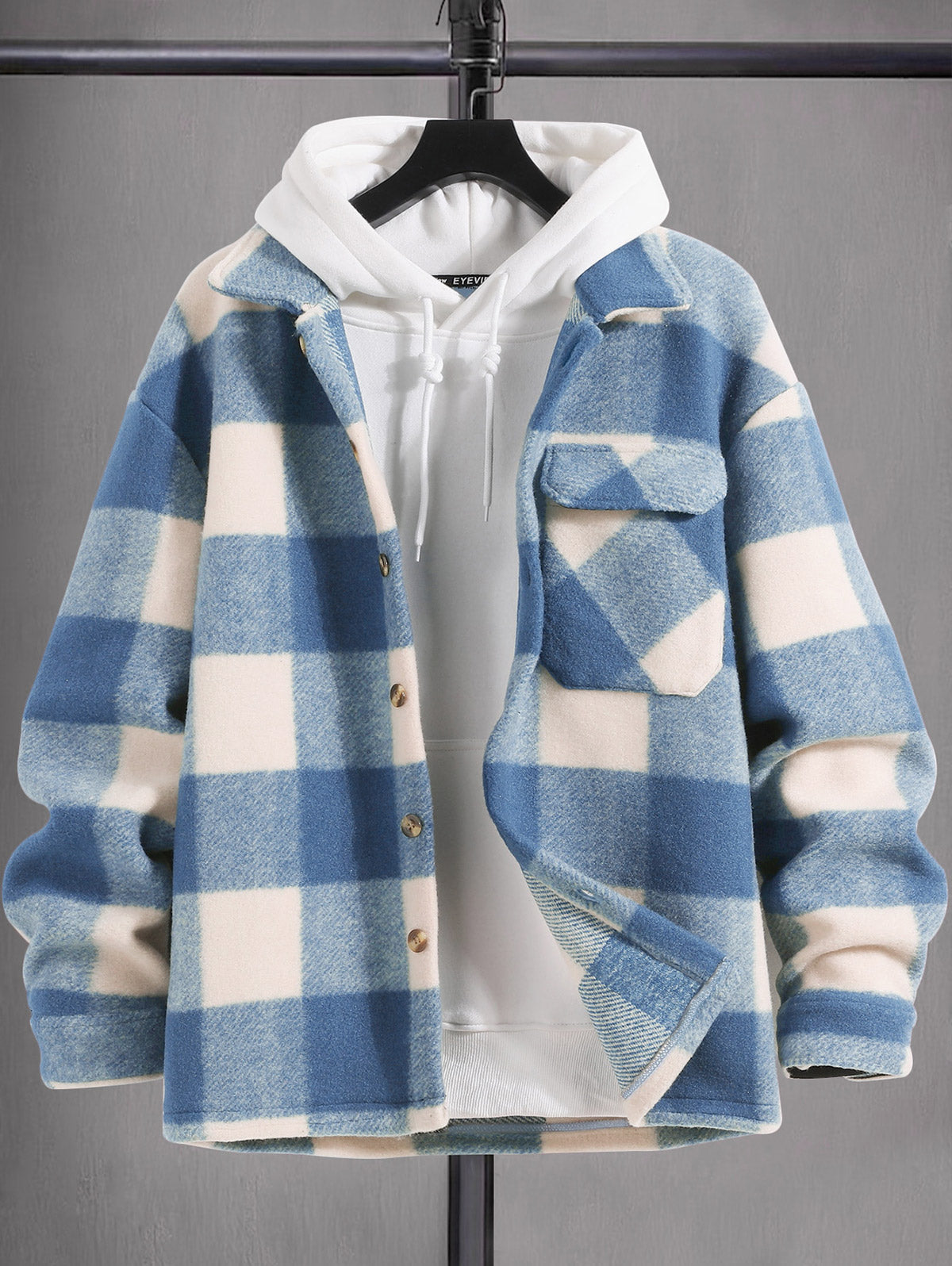 Men's Checked Plaid Colorblock Pocket Design Woolen Turn Down Collar Coat