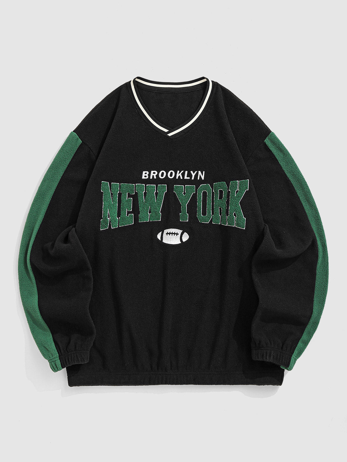 Men's BROOKLYN NEW YORK Letter Embroidered Fleece Insert Striped Ribbed V Neck Pullover Sweatshirt