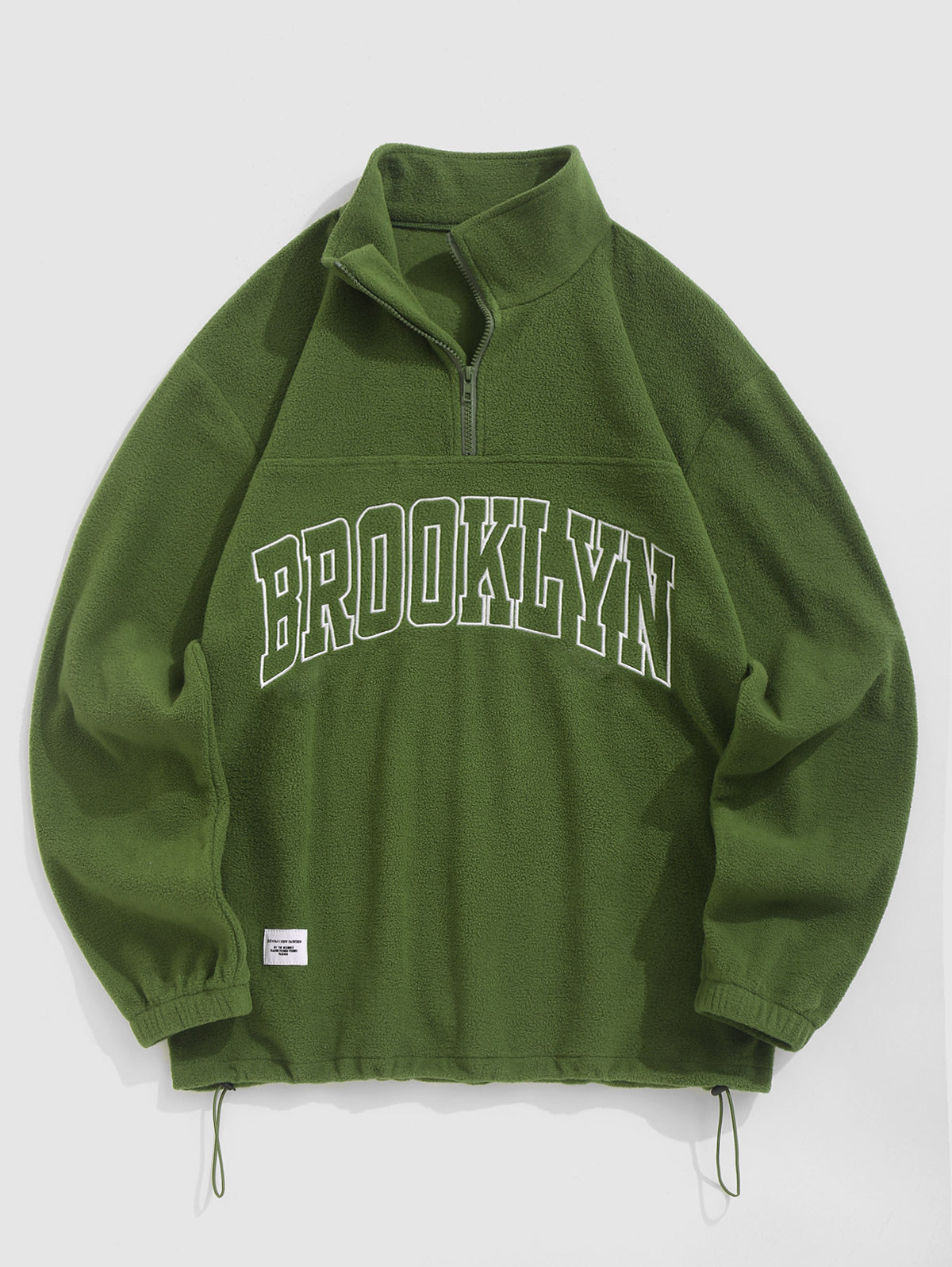 Men's BROOKLYN Letter Embroidered Fuzzy Polar Fleece Quarter Zip Stand Collar Pullover Sweatshirt