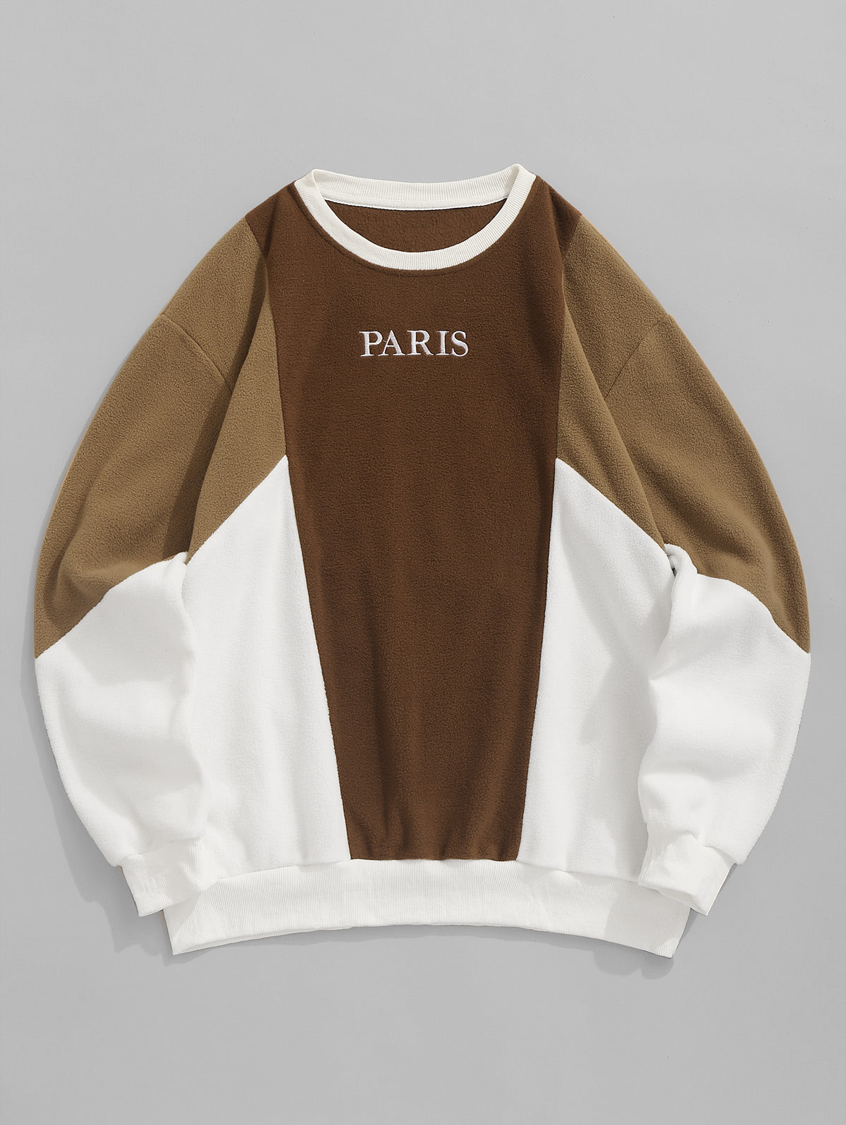 Men's Colorblock PARIS Embroidered Fuzzy Polar Fleece Crew Neck Pullover Sweatshirt