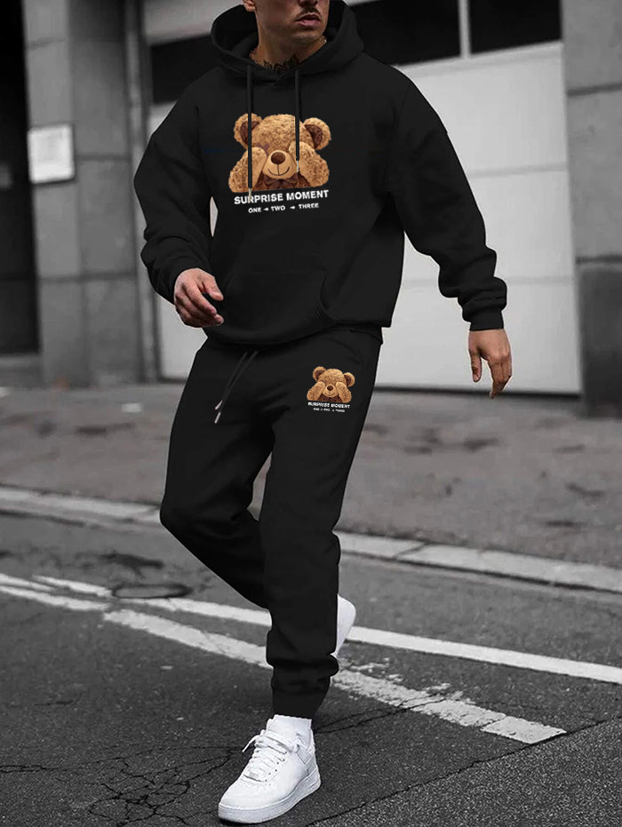 Men's Cartoon Bear Letter Graphic Pattern Kangaroo Pocket Fleece-lined Hoodie and Beam Feet Drawstring Jogger Pants Set