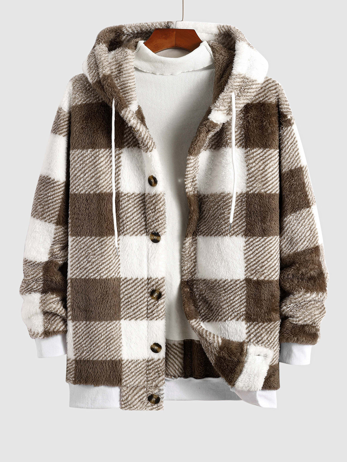 Men's Thermal Plaid Pattern Button Front Hooded Fluffy Teddy Faux Fur Jacket