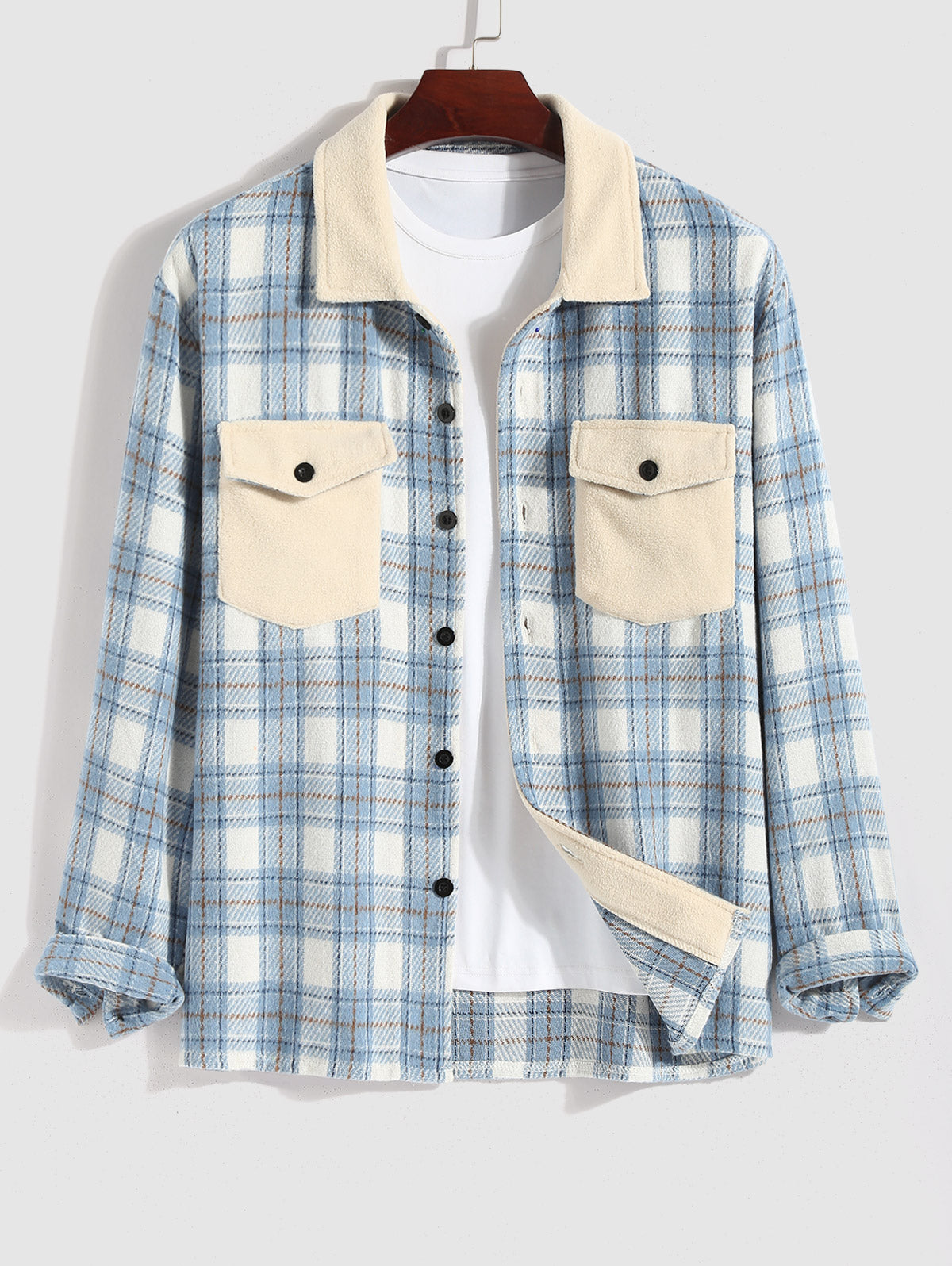 Men's Casual Plaid Pattern Flap Pocket Button Front Contract Color Collar Woolen Shacket