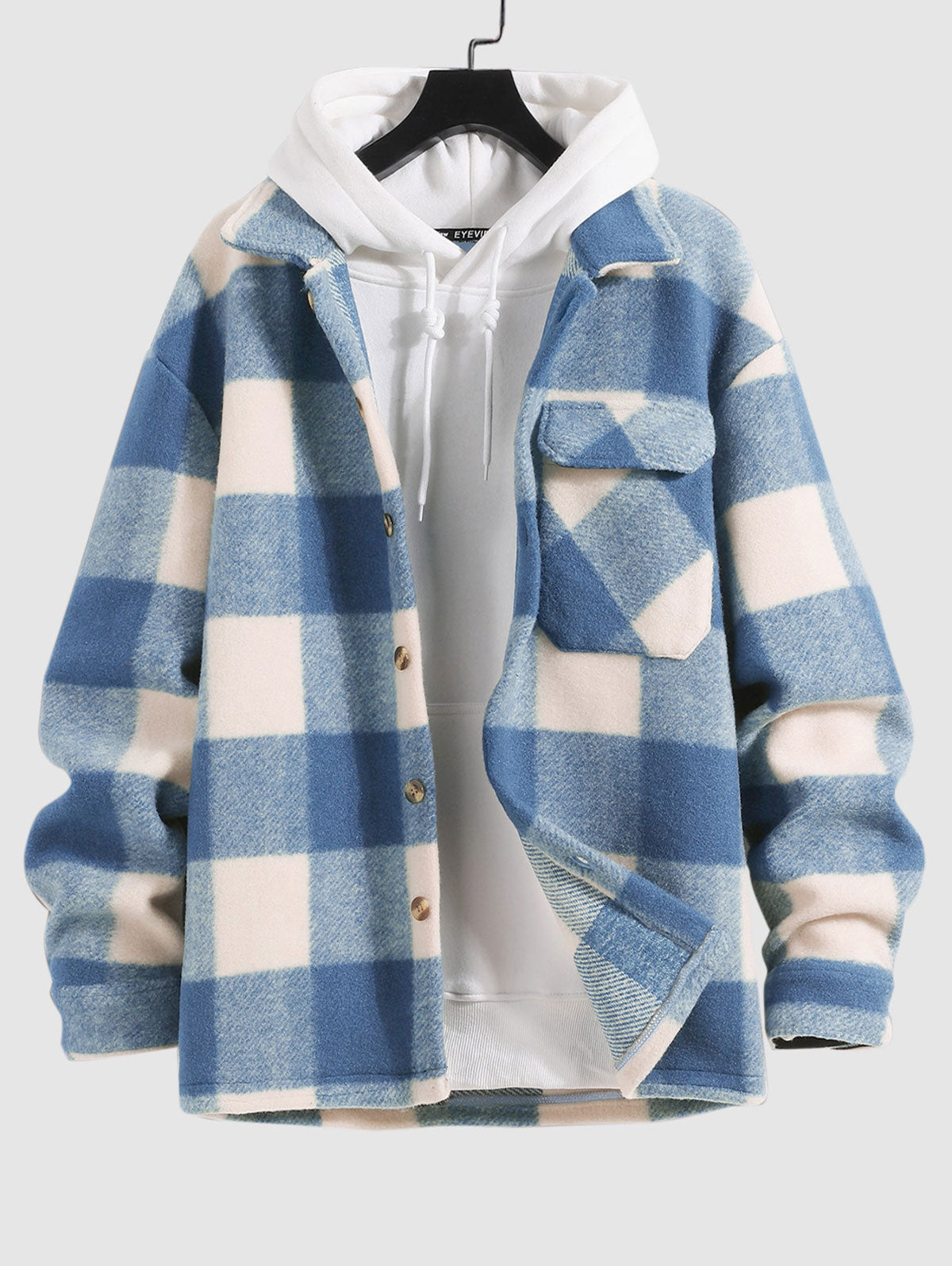 Men's Checked Plaid Colorblock Pocket Design Woolen Turn Down Collar Coat