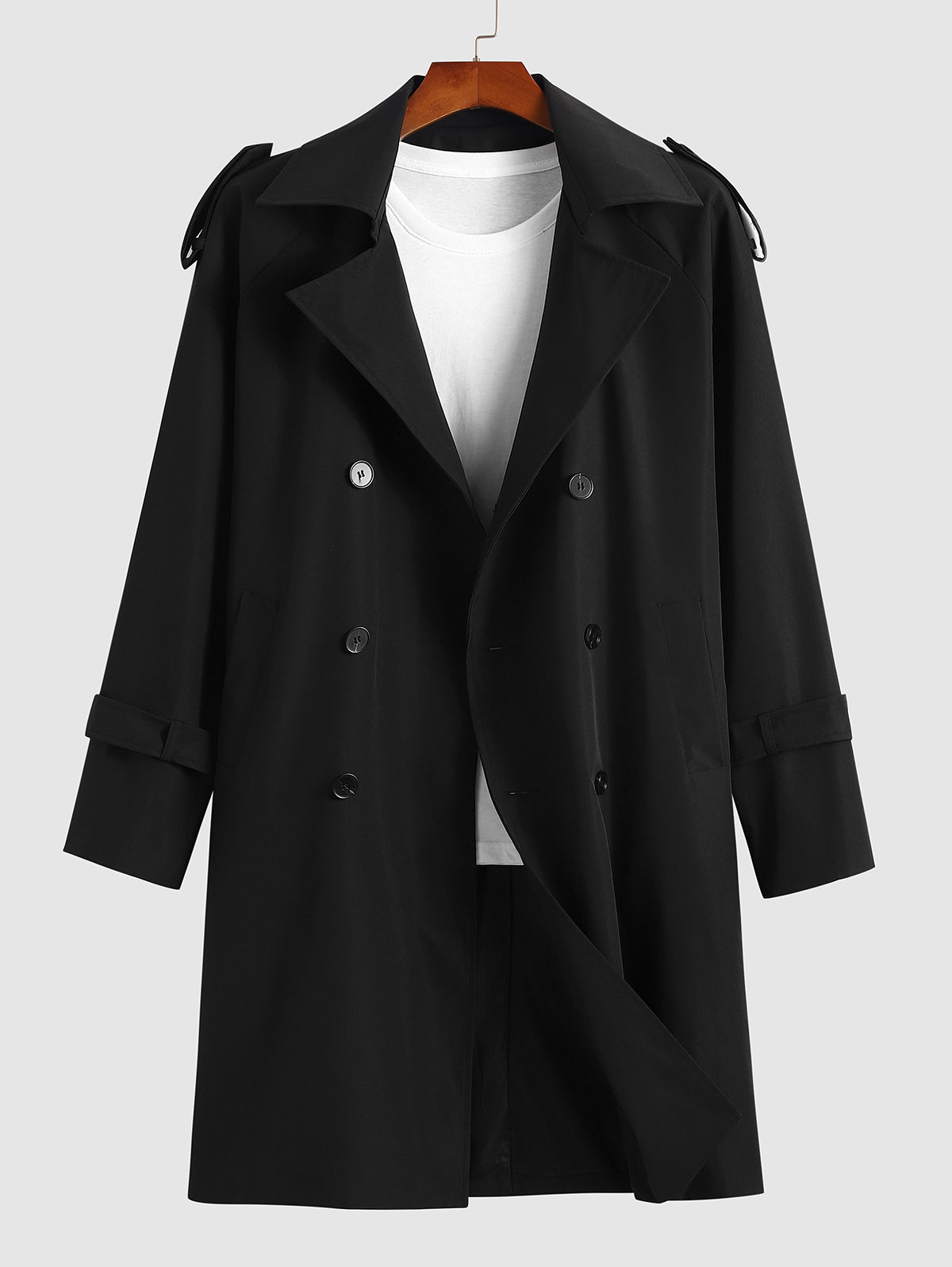 Men's Basic Minimalist Lapel Collar Belted Pocket Double-breasted Solid Color Trench Coat