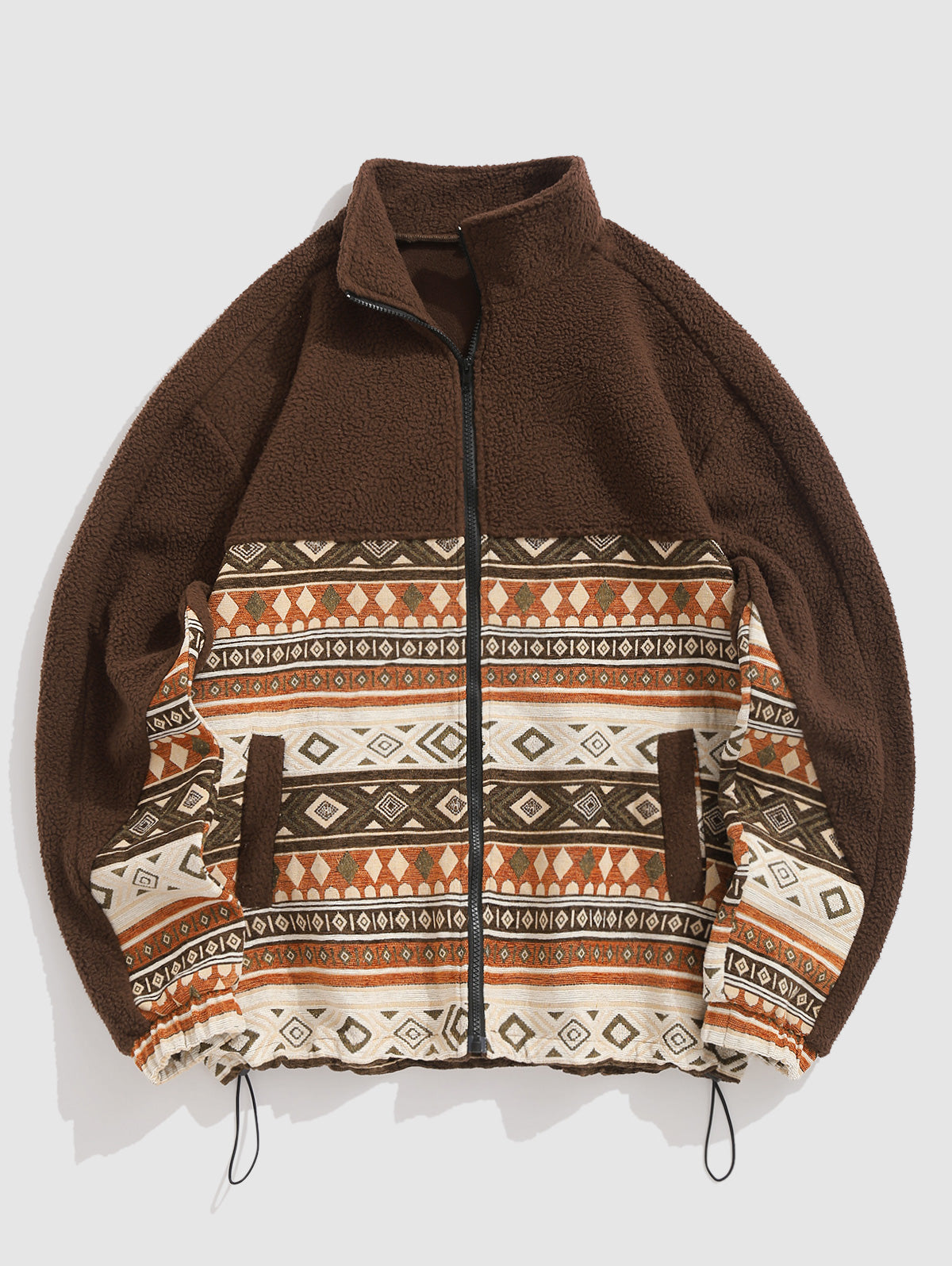 Men's Ethnic Aztec Geometric Printed Zip Fly Fluffy Teddy Fleece Spliced Stand Collar Jacket