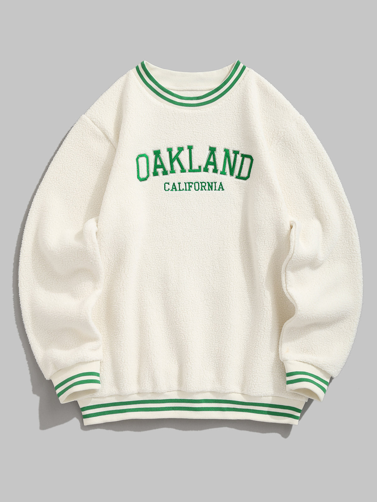 Men's OAKLAND CALIFORNIA Letter Embroidered Ribbed Crew Neck Fluffy Teddy Fleece Pullover Sweatshirt