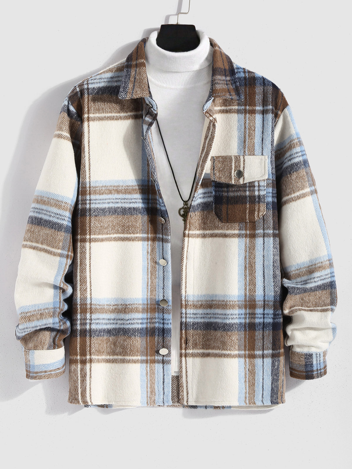 Men's Plaid Checks Colorblock Pocket Design Woolen Turn Down Collar Coat