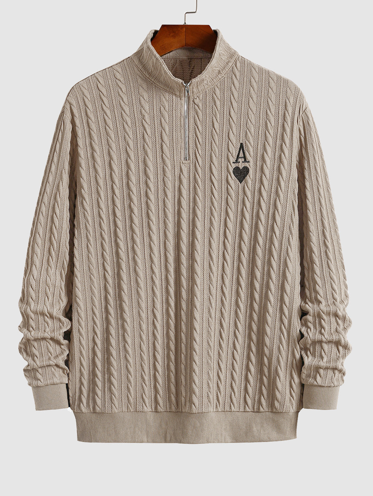 Men's Daily Cable Knit Stand Collar Quarter Zip Playing Card Heart A Embroidered Long Sleeve Pullover Jumper Sweater