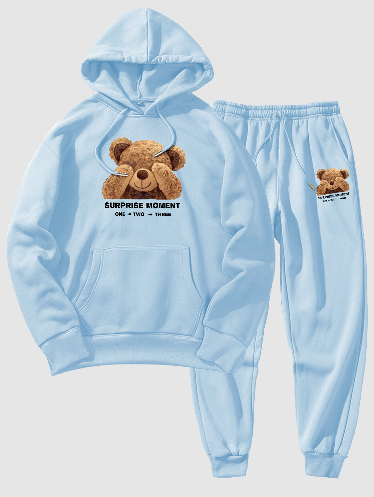 Men's Cartoon Bear Letter Graphic Pattern Kangaroo Pocket Fleece-lined Hoodie and Beam Feet Drawstring Jogger Pants Set