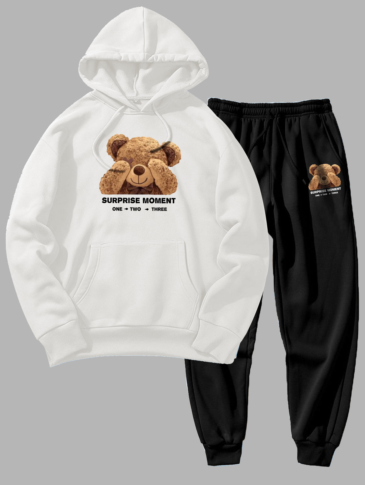 Men's Cartoon Bear Letter Graphic Pattern Kangaroo Pocket Fleece-lined Hoodie and Beam Feet Drawstring Jogger Pants Set