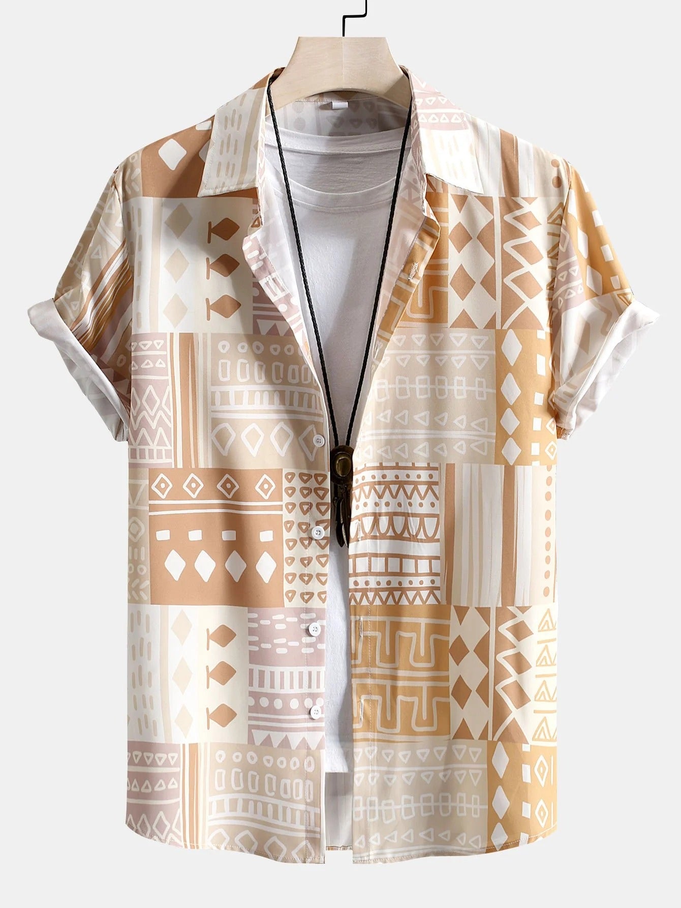 Mens Tribal Geometric Patchwork Print Button Up Shirt