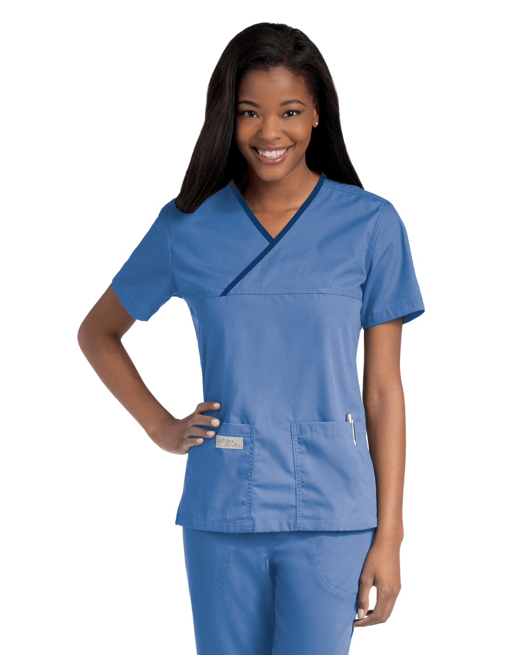 Urbane Crossover Ceil/Navy Contrast Trim Scrub Top - 9534