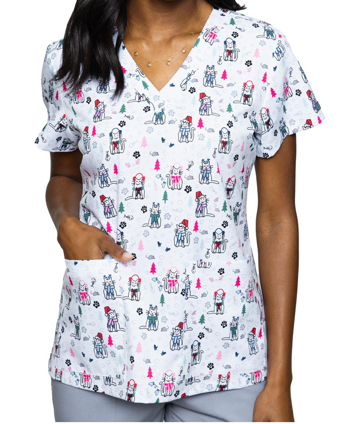 'Meowy Christmas' Christmas Women's Scrub Top - 8564