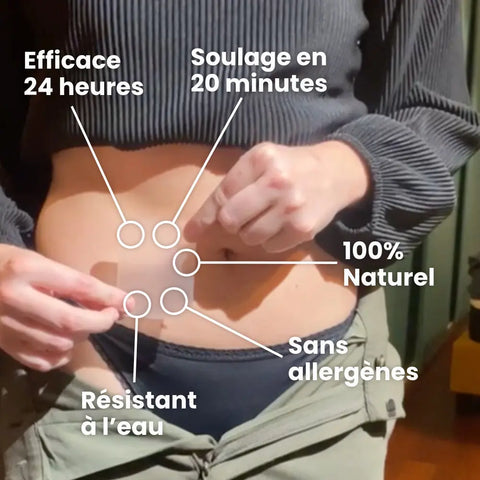 Femme qui met les patchs Madame Patch pour douleurs des règles