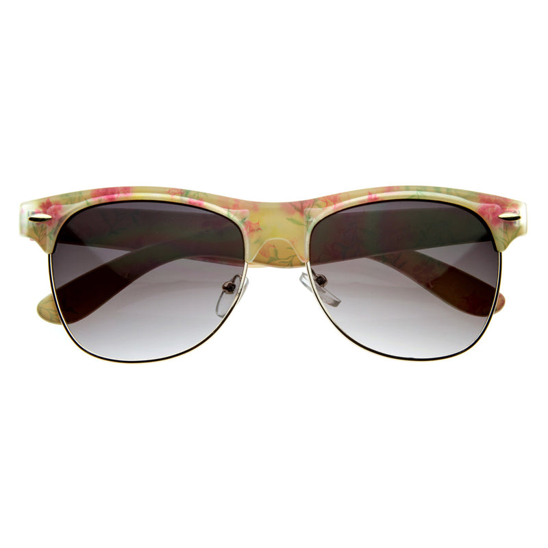Womens Vintage-Inspired Half Frame Floral Print Sunglasses with Metal ...