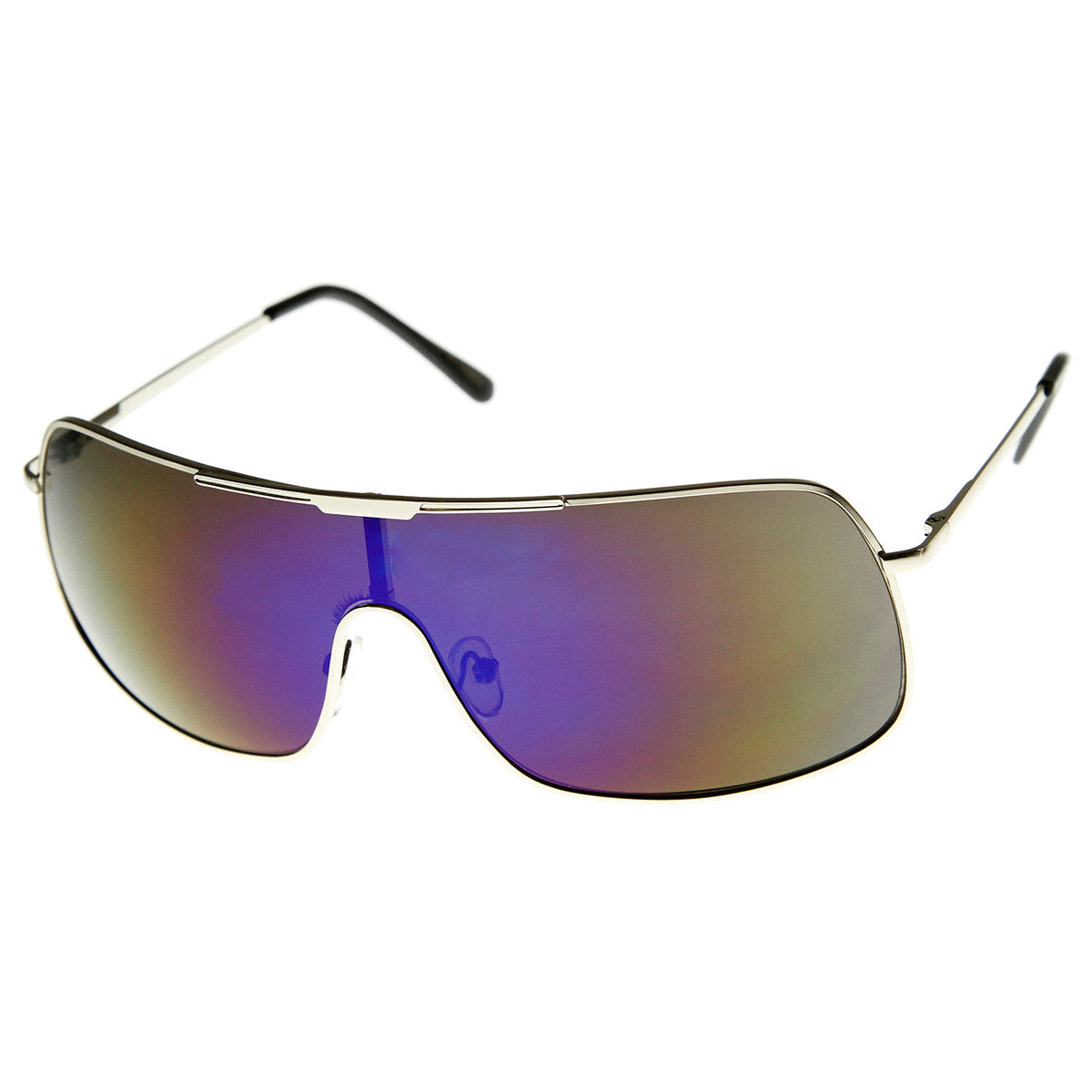 Color Mirror Single Lens Metal Wraparound Shield Sunglasses - sunglass.la