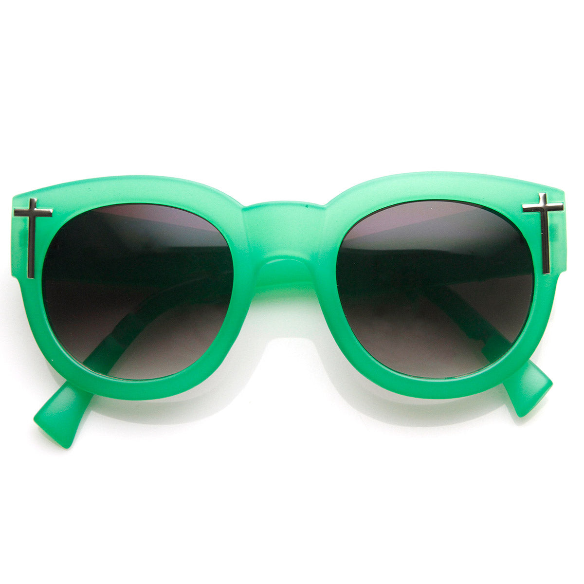 Bold Oversized Cross Adorned Temple Round Sunglasses - sunglass.la