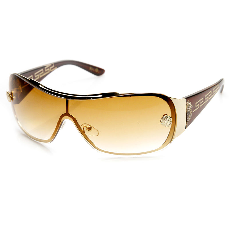 High Fashion Ornate Lion Wraparound Shield Frame Sunglasses - sunglass.la