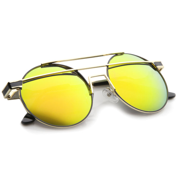 Modern Metal Frame Double Bridge Colored Mirror Lens Round Sunglasses Sunglassla 