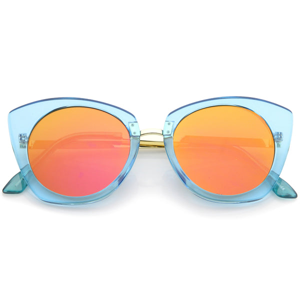Women's Crystal Frame Colored Mirror Flat Lens Round Cat Eye Sunglasse ...