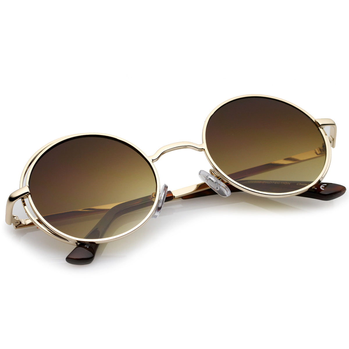 Retro Open Metal Frame Slim Temples Flat Lens Round Sunglasses 49mm 